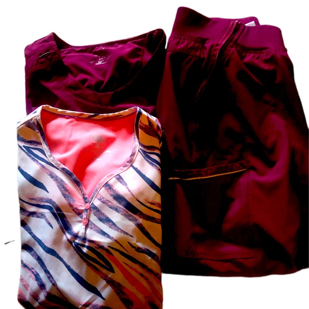 Infiniti maroon scrubs with an added Novelty scrub top